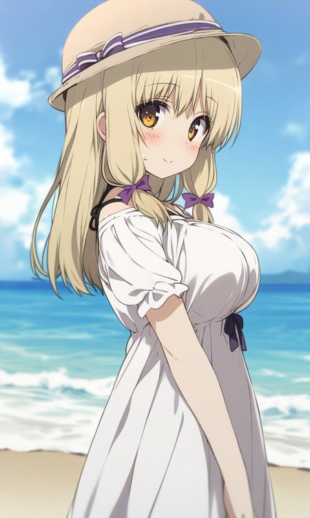 masterpiece, best quality, by ogipote, BREAK
solo, kujoufumi, big breasts, 
dress, white dress, casual, hat, 
looking at viewer, blush, happy, 
outdoors, from side, beach, 
<lora:KujouFumi_XL:1>