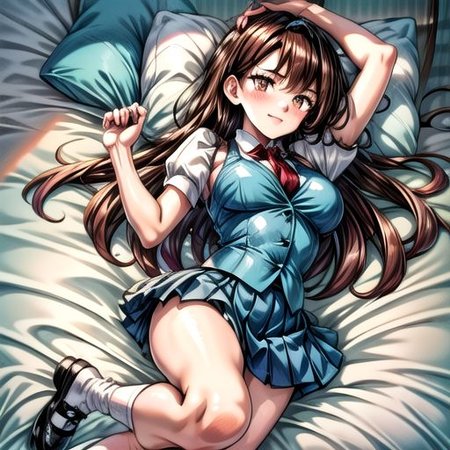 <lora:Giselle_Pokemon-07:0.8>, 1girl, solo, long hair, looking at viewer, smile, bangs, skirt, simple background, brown hair, shirt, brown eyes, school uniform, full body, white shirt, short sleeves, pleated skirt, shoes, socks, puffy sleeves, miniskirt, black footwear, vest, puffy short sleeves, blue skirt, kneehighs, white socks, black background, mary janes, blue vest, Happy, Lying on Back,  sweat, solo focus, lying, armpits, on back, outstretched arms, spread arms, pillow, arm grab, bed, sleeveless,