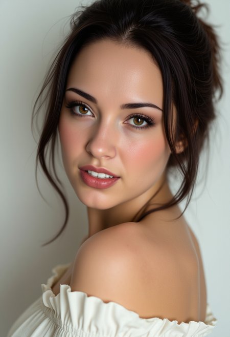 Hyperrealism, she is looking at the camera, (dynamic angles), headshots of a beautiful, stunning unique female character. she has dark hair. She has large brown eyes filled with joy and excitement, extravagant eyelashes, She is wearing a white off-the-shoulder blouse with ruffled sleeves. making this image a masterpiece of photography and digital art. Style: realistic hyper-detailed rendering, 32k UHD, expressive eyes, punk, graphic design, girl's face, pretty and cute, gleaming lips, white skin, telling a tale of adventure. Exuding confidence and serenity. The background is a simple white wall. The overall mood of the image is happy and relaxed.RAW candid cinema,16mm,color graded portra 400 film,remarkable color,ultra realistic,textured skin,remarkable detailed pupils,realistic dull skin noise,visible skin detail,skin fuzz,dry skin,shot with cinematic camera,detailed skin texture,(blush:0.2),(goosebumps:0.3),subsurface scattering,beautiful photograph in the style of Augustus John,Sergio Toppi,Virginia Frances Sterrett,8k HD,detailed skin texture,ultra realistic,textured skin,analog raw photo,cinematic grain,whimsical