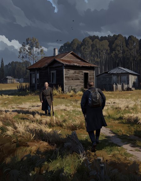 By Artem Chebokha. A digital illustration shoot from the side about a rural scene depicting two men walking towards a dilapidated wooden house amidst tall grass and trees, with birds flying in the sky. the scene is set in a rural area with a few old wooden houses and trees in the background, and the sky is filled with dark clouds. on the right side of the image, a man with a beard and glasses is walking away from the camera, wearing a long coat and carrying a rifle. on his left side, another man with short hair and a beard is walking ahead of him. the man with the beard appears to be in his late twenties, with a serious expression on his face. both men are wearing backpacks and have guns in their hands, suggesting they are on a mission. the atmosphere is tense and somber, with the men's silhouettes and the moody atmosphere adding to the sense of urgency.