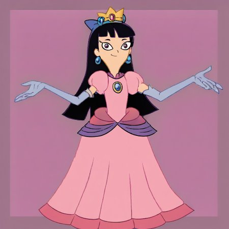 1girl, solo, Stacy, black hair, long hair, blunt bangs, purple hair bow, purple wrist bracelet, princess make up, p34ch3s-dress, cosplay, crown, blue earrings, jewelry, pink dress, elbow gloves, white gloves, Very long large floor length wide straight tulle long sleeved ball gown hoop skirt, ball gown hoop skirt, princess dress, hoopdress, white pearl necklace, long elbow length princess gloves, my big princess gypsy wedding dress, ballgown, a girl in a dress posing like a princess for a picture, looking at viewer, pretty eyes, she is posing, hands on hips