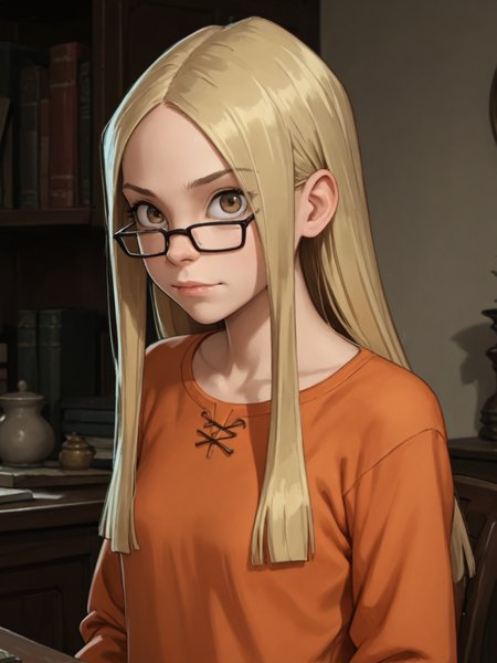 score_9, score_8_up, score_7_up,  score_6_up, BREAK, Gr3taBarrym0re, 1girl, solo, long hair, blonde hair, orange shirt, long sleeves, glasses, <lora:Greta Barrymore-000009:1>