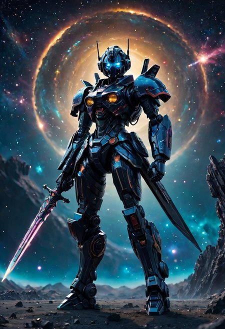 , Ultra detailed microscopic  level image of a black colourful cosmic structure , intricate, entropy, gravitational pull, space dust, (( dist)), visually delightful, ((deep bokeh)), dreamy, cosmic abstract background,weapon, solo, sword, mecha, robot, no humans, holding, 1girl, holding weapon, standing, blue eyes, holding sword, armor, science fiction<lora:Optimus Prime_SDXL-000008:0.3>