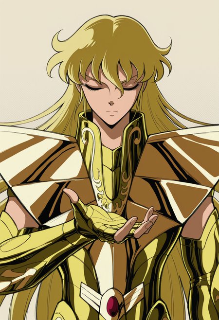<lora:[Char - IL] Saint Seiya - Shaka (R1E11):1> ss_shaka, virgo armor, blonde hair,
solo, 
upper body, straight-on,
serious, closed mouth, closed eyes,
hand up, open hand,
BREAK
very awa, best quality, masterpiece, highres,
simple background, abstract shapes, minimalism, sharp symbols, polka dot background, striped background, halftone, background,