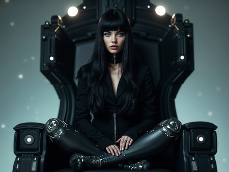 One beautiful girl, sitting cross-legged on a futuristic throne, with long, lush black hair, straight bangs to her eyes and piercing white eyes without pupils. She is an android with robotic joints and mechanical legs, wearing a long-sleeved black jacket and high heels. Her skin has a metallic hue and glows, giving the impression of a galactic space with stars in the background. She looks at the viewer, creating a mysterious and futuristic atmosphere. Photographic quality, photo, portrait, ((Enticing action pose, close up, dynamic view))