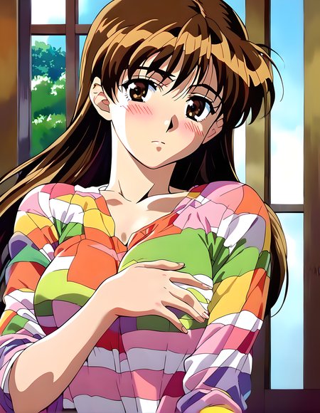 <lora:pony_xl_ryoko:0.8>,ryoko,score_9,score_8_up,score_7_up,source_anime,1girl,solo,indoor,looking at viewer,striped_shirt,stare,front view,looking in love,hands_on_own_chest,embarrass,light_blush,