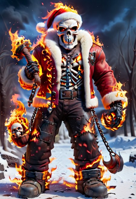 ral-santa, fire santa,skull head,skull on fire, santa claus is on fire, fiery and dynamic <lora:ral-santa-sdxl:1>,Holding a flaming chain,full body, solo,standing,