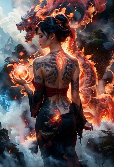 NSFW, Translucent, 8k, (film grain, dof, color graded cinematic, ultra detailed:1.4), detailed behemoth gigantic mountain tall dragon spirit composed of blue fire elements roaring in front of female, irezumi, standing on top of mountains, female, cute face, black eyes, (looking forward:1.3), (full-body tattoo:1.9), black hair updo, hair ornaments, <lora:tatoo:1>, (translucent black/red tatoo:1.2), kimono, black yukata, red sash, obi, pulled yukata, night, lunar eclipse, fire element, cinematic light, very aesthetic, outstretched arms, back angle view,  absurdres, Masterpiece, incredibly absurdres, subsurface scattering, detailed skin, detailed tatoo, glowing, very detailed, intrinsic details, OverallDetailXL,