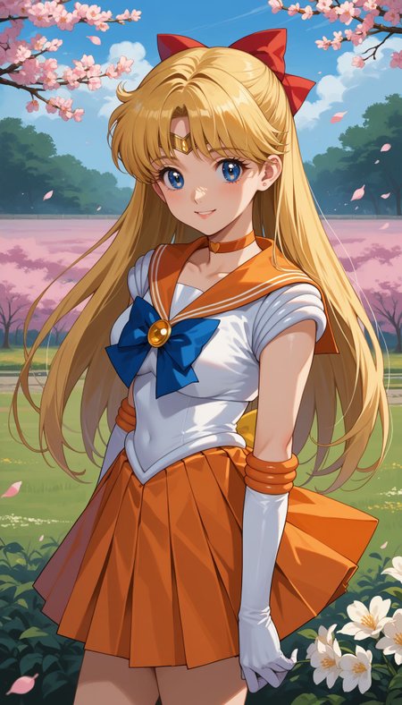 score_9, score_8_up, score_7_up, source_anime, ,outdoors,cherry blossoms,standing,cowboy shot,smile, flower field
 <lora:Sailor Venus:0.8> sailor venus, aino minako, blonde hair, red bow, blue eyes, jewelry, sailor senshi uniform, magical girl, elbow gloves, white gloves, orange sailor collar, orange skirt, orange choker, pleated skirt, blue bow, miniskirt, tiara, hair bow
