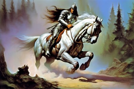 <lora:Fantasy_art_XL_V1:0.75> a man in silver armor riding a horse, forest pathway, art by boris vallejo