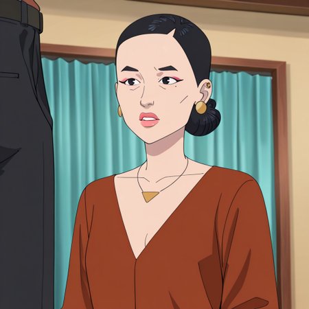masterpiece, best quality, newest, absurdres, highres, Invincible-show-style-INVPACK.V1.0,
1girl, 
Debbie-INVPACK.V1.0,  asian, asian female, short hair, hairbun, mature female, black hair, black eyes, single hair bun, earrings, Debbie-INVPACK.V1.0-mainS3outfit, brown shirt, black pants, jewelry, necklace, makeup, lipstick