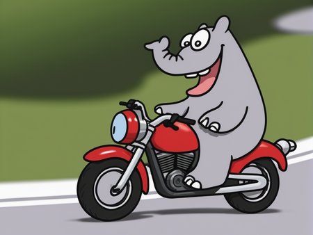 <lora:Ottifant_sdxl:0.5>  Ottifant smiling, riding a motorbike