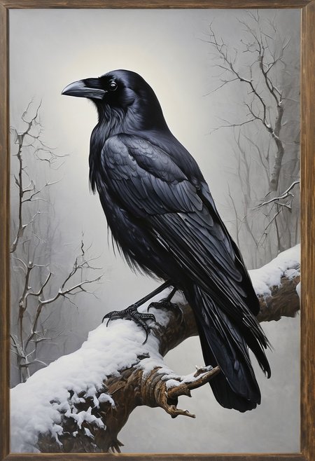 raven on a branch, winter, realistic, DOOMHAZER