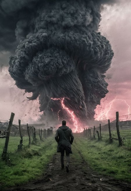 Water to the Neck, Blade Runner Style, Dark, amazing quality, masterpiece, best quality, hyper detailed, ultra detailed, perfect anatomy, dof, majestic, awesome, inspiring,  a colossal tornado swirling from within, its monstrous vortex drawing in everything in its path. Grass, fence posts, and even pink pigs caught in the swirling maelstrom, dancing in a dizzying circle of destruction, cinematic composition, soft shadows, atmospheric haze, very detailed,