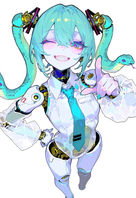 safe_pos, masterpiece,best quality,absurdres, amazing quality, hi res, masterpiece, best quality, detailed, amazing quality, detailed face, detailed eyes, clean eyes, best quality, highres, very aesthetic, newest, ultra-detailed, illustration, (best quality:1.1),ultra-detailed, high resolution, super detailed skin, beautiful detailed eyes, nsfw, Brightly Lit, Highly Visible, 8k, sharp focus, beautiful, perfect lighting, beautiful eyes, anatomically correct, anatomically correct face, extremely detailed eyes, smooth edges, beautiful face, symmetrical eyes, symmetrical face, BREAK 748cmstyle, tentacles, mtct, newest, (colorful:0.5), (lineart:0.8), (silhouette:0.4), (volumetric lighting, scenery), SNKHR, snake hair, snake_hair, BIGSNHR, (big snake twintails), Snake twintails (minus), 1girl, hatsune miku, smile, one eye closed, twintails, hand on hip, android, white background, aqua hair, blue necktie, blue eyes, grin, robot joints, looking at viewer, full body, simple background, see-through, mechanical tail, "2025" text, aqua necktie, pointing, white shirt, collared shirt, detached sleeves, from above, close up, cool