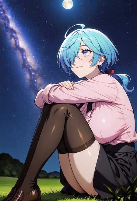 medium depth of field, rule of thirds, masterpiece-level, clean lines, sharp, focused subject, minimalistic composition, masterpiece, amazing quality, best quality, anime screencap, detailed face, detailed eyes, detailed outfit, face focus, 
general,highres, ultra-detailed,very aesthetic,best quality ,best hands, perfect anatomy,detailed,
BREAK 1girl, solo, Isemi Tina,blue eyes,low ponytail,one eye covered,blue hair,ahoge,
jirai kei ,pink shirt,black skirt,thighhighs,
from front, from side, cowboy shot,
sitting, hugging own legs, knees arms support, happy, light smile, 
Looking up at the sky,
(Clifftop, grass, moon,
outdoors, night sky, strarry sky, milky way, scenery),