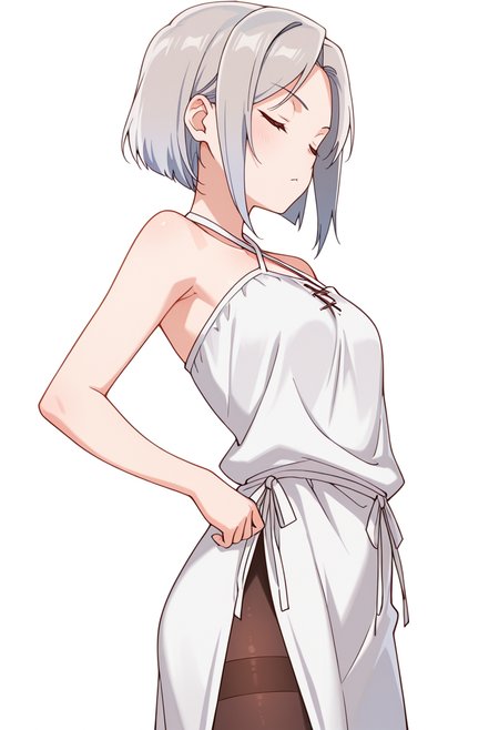 masterpiece,high quality details,absurdres,
 <lora:Nishidera_Nene:0.8> nene_cnr, 1girl, grey hair, short hair,, simple background, white background, from side,solo,, ;<,, tunic  ,criss-cross halter,slit skirt,,thighband pantyhose,