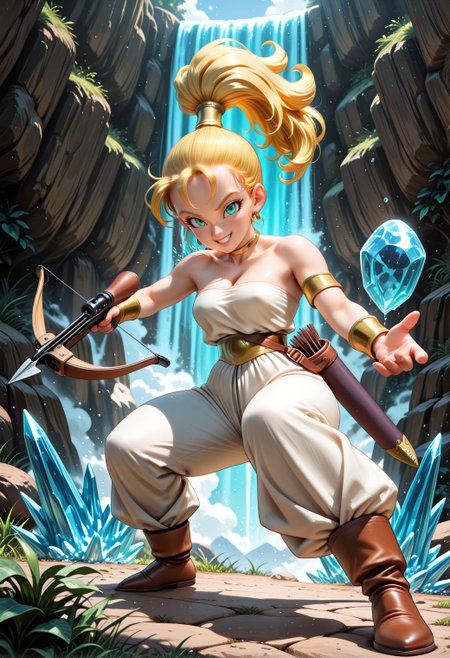 SmoothNoob_Quality, (toriyama akira:1.2), manga style, marle \(chrono trigger\),  ponytail, aqua eyes, (holding crossbow), quiver, armlet, bangle, white clothes, pants, bare shoulders, full body, mature female, looking at viewer, grin, fighting stance, foreshortening, floating ice, floating waterfall,