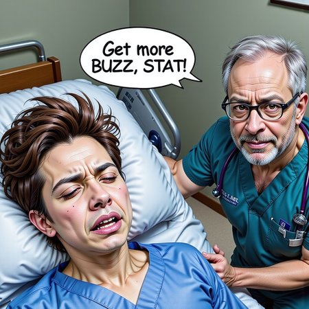A realistic hospital scene of a young man laying on a bed. He is dying and in pain. His face is grimaced. His eyes are closed, His mouth is tight, He is wearing flannel hospital gown.  There is a old doctor in the room attending to his patient. The doctor is wearing a hospital gown. Around his neck is a stethoscope.  text bubble over the doctor "Get more BUZZ, STAT!" aidmatextimprover