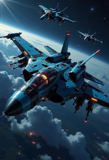 in the style of ck-mgs, A digital artwork in the style of cknc, a_skynet_cyberdyne_craft, the image is featuring a squadron of futuristic, highly advanced jet fighters flying rapidly at altitude, silhouetted, chiascuro, dark night, clear sky, stars, nebula. The fuselage is painted in camouflage blue and black, and the cockpit shows glowing led lights, and has a large air intake, dutch angle, the image slanted diagonally, motion blur