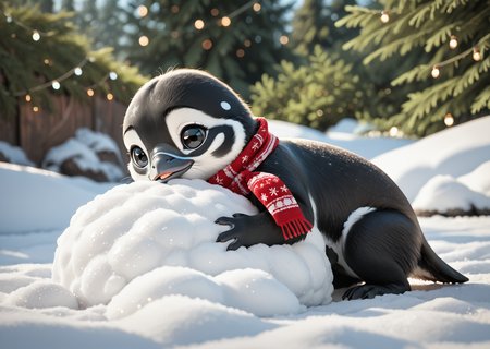 score_9, score_8_up, score_7_up, score_6_up, score_5_up, score_4_up, detailed, realistic, illustration, 8k, baby penguin wearing a scarf and sitting on a glowing snowball (cute furry feral:1.2), source_furry <lora:Animal_Christmas:0.8> animal christmas