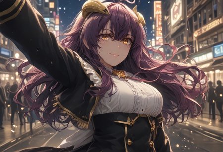 score_9, score_8_up, score_7_up, score_6_up, score_5_up, score_4_up, source_anime great lighting,detailed eyes,detailed HAIR,high definition eyes,
MagiaBaiser_Full, long hair, yellow eyes, ahoge, purple hair, facial mark, demon girl, magical girl, sharp fingernails, lheart ahoge, yellow horns,
lips,cute,thick thigh,black thighhigh,black coat, dark blue skirt on hip, frilled shirt,center frills,long sleeves,medium breasts,underbust, holding, standing, outdoors,  blurry, from side,blurry background, night, depth of field, dynamic pose,crazy smile, teasing,NIGHT, city, downlight，  train station,turning back,looking at viewer, black highheel,girl on right position,relax,,arms open,weight,full_body,fuzichoco_style,colorful,fFaceDetail,handfixer