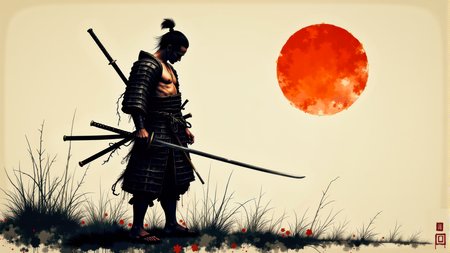 A minimal traditional japanese ink painting of the last weary Japanese samurai standing alone after an intense battle.   He wears no armor nor any helmet. He holds his sword in hand.  He is battered, bruised, and bleeds from several minor wounds.  He is weary, disgusted, disheartened, and saddened at the lives that were lost.  An orange rising sun hangs in sky behind him.  This is a full frame body shot, from head to feet, providing a environmental wide angle view of the entire body.  Intricate details, masterpiece, best quality.  Soft volumetric lighting.  <flux_realism_lora:0.42> <FluxDFaeTasticDetails:0.36> <BaroqueColorful:0.48>