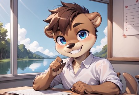 source_furry, rating_safe, 1boy, solo, young, (shortstack:1.4, petite:1.4, small body proportions:1.4), Expressiveh, (anthro male otter:1.4), purple skin, looking at viewer, aroused, inviting, classroom, seductive, seducing, brown_hair, short_hair, blue eyes, black pupils, black eyebrows, seductive pose, grin, lake, zPDXL3, zPDXLxxx,