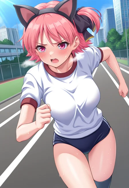 masterpiece, best quality, amazing quality, 1girl, solo, natsukiww, pink eyes, pink hair, short hair, side ponytail, brown hair ribbon, medium breasts, fake animal ears, cat ears, gym uniform, short sleeves, dark blue buruma, black kneehighs, <lora:Misono_Natsuki_Yoridori_ill:0.8>, looking ahead, serious, blush, open mouth, heavy breathing, steaming body, sweat, sweatdrop, running, outdoors, day, city, skindentation, detailed clothing folds, depth of field, sharp, high contrast, dynamic light