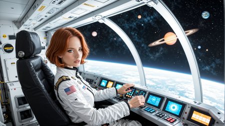 dynamic pose, Cindy_Pyrosa, ((beautiful busty skinny british adult woman sitting in spaceship cockpit looking over shoulder at viewer:1.1), (cute face, over the shoulder:1.05), (movie still:1.05), side view, (spaceship cockpit:1.05), glowing holographic instruments, (beautiful face:1.051), from behind, smart fabric flightsuit:1.05, lightweight structured jacket with sharp geometric lines, utility belt, kneehigh boots, fingerless gloves, (large spaceship cockpit with highly polished flooring and stellar view), backlit hair, perfect face, feminine physique, (pale freckles:0.6), (black and silver accents), perfect eyes, low key, joystick++, thin pouting lips, (white++ bob hair, ombre tips:1.1), wide set soft+ turquoise++ eyes, skin pores, (small upturned nose:1.1), (pale skin), supernova, dramatic angle, eyelid shimmer makeup, silver eyeshadow, iridescent cheekbones, muted rose lips, deep space blue, (available light:0.7), BREAK, starlight silver, nebula pink, black hole black, planetary rings, asteroid clusters, geometric shapes, angular contours, Holographic control panels, chiaroscuro effects, reflective surfaces, starfilled skies, distant galaxies, shimmering surfaces, iridescent scifi materials, clean lines, modernistic details:1.1), (style of John Atkinson Grimshaw, Nocturnal Scenes, Atmospheric Light, Victorian Streets, Soft Hues, Moodiness:0.9)