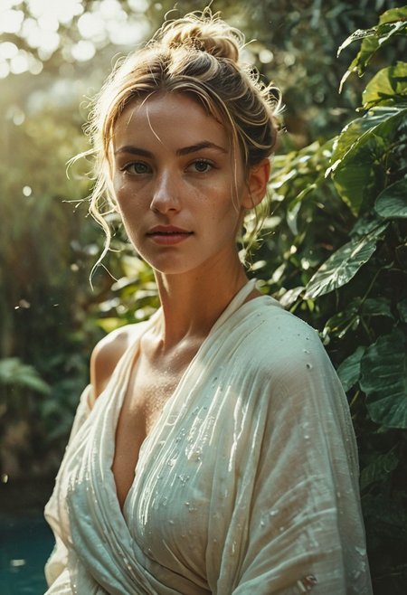 highly detailed and hyper realistic novuschroma37 style NightScapes Woman Portrait photo, high-contrast monochrome palette, freckled ancient Busty blonde with Messy Hairbun wearing White See through linen toga, light smile, subtle grain, timeless feeling, cinematic quality, modern art photograph, A breathtaking photo capturing the magnificence of the Hanging Gardens of Babylon by night, The image showcases the immense, lush terraces with cascading steps around a vibrant crystal turqoise and deep blue tiled swimming lake inviting to take a bath, lavishly adorned with marble and crafted from the finest stones. The pastel-hued tiled steps are teeming with exotic plants, creating a vibrant and verdant paradise. Birds flit gracefully among the foliage, adding to the enchanting ambiance of this ancient marvel., , limited dark palette, vibrant colors, faded, atmospheric haze, highly dramatic cinematic lighting, motion blur, film grain,  professional, excellent composition, finest details, maximized details, ultimate detail level, masterpiece, best quality, ISO 300, 1/250s, F/2,8, 38 mm, extremely high quality RAW photograph, 4k, sharp focus, high resolution, 8k UHD, DSLR, high quality, film grain, Fujifilm XT3