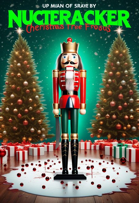 Masterpiece, best quality, absurdres, nutcracker, wooden, fake magazine cover, movie aesthetic, 1girl, female focus, solo, solo focus, evil, scary, meme,  Christmas theme , cinematic lighting, Christmas lights tied around the body, liminal horror, meme, paint splatter, liquid pools, green theme , blood splatter , Christmas tree, 32k uhd, desktop wallpaper, knife wounds, funny,