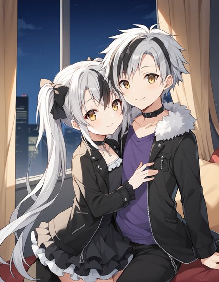 score_9, score_8_up, score_7_up, score_6_up, score_5_up, score_4_up, source_anime, rating_safe, BREAK 2boys, <lora:masaruXL_LoRA-C3Lier_AdamW_Dim16_Alpha16_UN-3e-4_TE-1.5e-4_10batch_ponyDiffusionV6XL_v6StartWithThisOne:1>, masarunorm, multicolored hair, streaked hair, short hair, fur trim, fur-trimmed jacket, black jacket, long jacket, chain, open jacket, purple shirt, jewelry, black choker, black pants
BREAK masarufem, otoko no ko, very long hair, bangs, yellow eyes, crossdressing, hair bow, black bow, frilled dress, black dress, long sleeves, black pantyhose, light smile, hug, couple, room, dutch angle, window, window shade, curtains, city lights, night, night sky