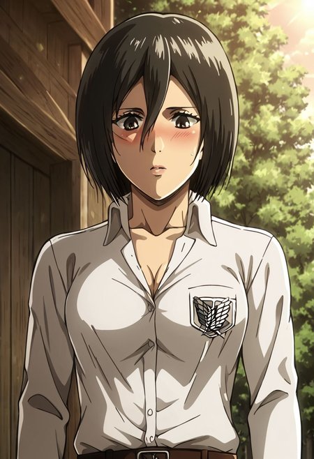 1girl, solo, Mikasa Ackermann, attack on titan beautiful face, detailed eyes, detailed face, standing, medium chest, blushing, looking down shy, tits showing, boobs outside of white shirt