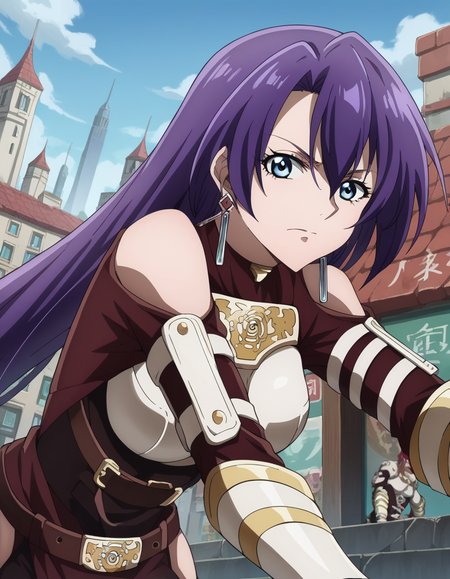 score_9, score_8_up, score_7_up, source_anime,
arthurpencilgon, <lora:arthur-pencilgon-ponyxl-lora-nochekaiser:1>,
arthur pencilgon, long hair, blue eyes, hair between eyes, very long hair, purple hair,
gloves, belt, armor, clothing cutout, breastplate, bare shoulders, earrings,
outdoors, cityscape, bent over,
looking at viewer, dutch angle, cowboy shot,