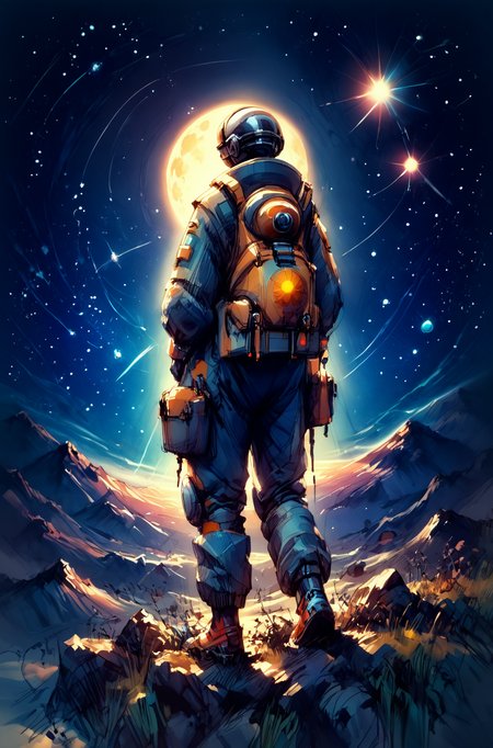 score_9, score_8_up, score_7_up, score_6_up, score_5_up, detailed, BREAK vivid colors, detailed background,  extraterrestrial planet,  high mountains, a lot of planets at background, tiny sun at background, space, space nebular, (colorful nebular), space nebular, from behind, inksketch BREAK  t0sh14,(female), petite, skin tight astronaut suit, pink astronaut suit,  astronaut, BREAK high and rough Mountains BREAK  tiny sun<lora:t0sh14XLP:0.7> <lora:Vivid Midjourney mimic - XL pony v2.0:0.7> <lora:Painters_Sketchbook:1>