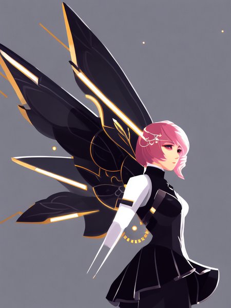 cyberpunk digital painting full body portrait of newtkn alisabcnv, art by midjourney, mechanical wings, glowing mecha, dark atmosphere, silhouette, detailed dark portrait, black, low saturation