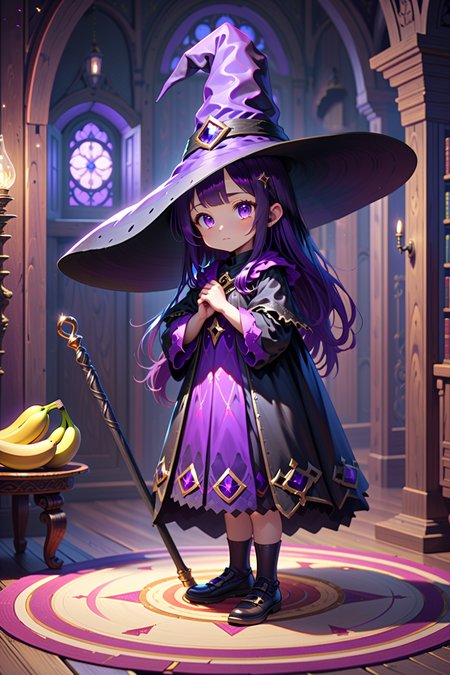 4 years old witch girl, standing,  living room,  (magic circle on the floor:1.3), side view, long dark purple hair, purple eyes, vertical pupils,  big black witch hat, magic staff, banana on the floor,