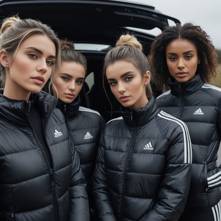 (dark cinematic still, dark vibes) sexy slim skinny group of british 25 year old women ,unique, wearing a zipped up black adidas_puffer_jacket, unique hair styles, 8k uhd, dslr, high quality, photorealistic, realism, hyperrealism,  ((car scene)),
<lora:adidas_puffer_jacket_v1:0.3>