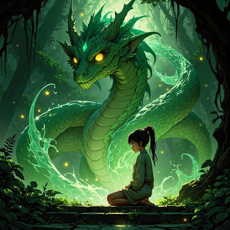 A barefoot child in ceremonial robes kneels on the steps of an ancient temple hidden in a jungle in a mystical fantasy style, where a massive jade-green dragon with serpentine coils and golden eyes rests behind them, its coiled body shimmering with ethereal runes as shadowy assassins creep from the treeline. The environment is lush and overgrown, filled with glowing fireflies and bioluminescent plants casting soft green and gold light. The dragon’s curling whiskers, glistening emerald scales, and the child’s serene, meditative expression as the dragon’s protective aura radiates outwards add to the scene’s mythical aura.