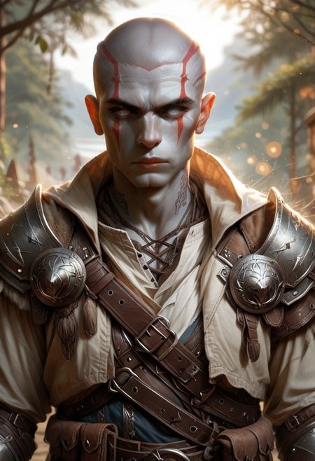 (((detailed, beautiful, high quality))), upper Body, score_9, score_8_up, score_7_up,
goliath, empty eyes, gray skin, stone skin, , body tattoo, face tattoo,
1male, bald,, blue tattoos, leather shoulder pad, shoulder strap, leather armor,
looking at the viewer, posing, blurred background, blurred fantasy background,