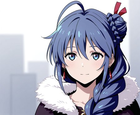 masterpiece, best quality, very aesthetic, absurdres, anime, detailed, detailed background, BREAK, phoena/(cc/),1girl,solo,blue eyes,blue hair,long hair,bangs,hair ornament,hair ribbon,hair between eyes,braid,single braid,hair bun,single hair bun,hair over shoulder,ahoge,earrings,hood,hood down,cloak,fur trim