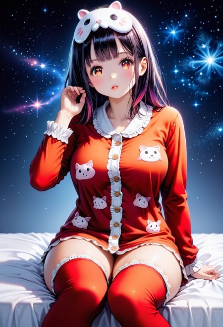 score_9, score_8_up, score_7_up, 1girl, solo, HimenoMP, scenery, (big breasts:0.8). (wide thighs:1.1), (wide hips:1.1), (mature woman:1.1), (detailed eyes, Eyes in high definition, eyes with a lot of detail), (best quality:1.4), a close up of a woman with colorful hair, anime girl with cosmic hair, rossdraws pastel vibrant, artwork in the style of guweiz, fantasy art style, colorful, vibrant fantasy style, rossdraws cartoon vibrant, cosmic and colorful, guweiz, colorfull digital fantasy art, stunning art style, beautiful anime style, red thighhighs, pajamas, mask on head, calpajamas