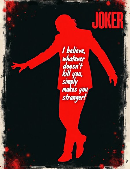 a striking and minimalist movie poster for Joker. The poster features a bright red silhouette of the Joker, in mid-dance, against a black background. His silhouette is filled with a handwritten white quote that reads, "I believe, whatever doesn't kill you, simply makes you stranger!"
The poster has a grunge-like texture, with splatters of black and red around the edges, adding to the chaotic and unsettling tone. The title "Joker" is placed at the top right,  The overall design is simple yet impactful, 