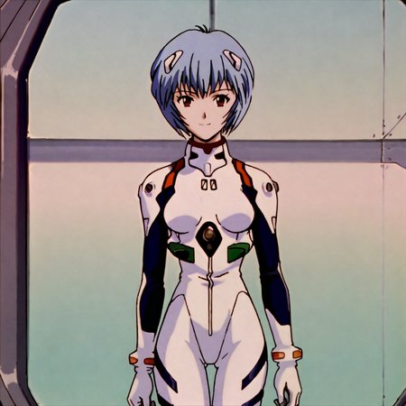 <lora:reinge_pony_v1:.8> ReiNGEPlugsuit, 1girl, white bodysuit, plugsuit, ayanami rei, blue hair, red eyes, short hair, pilot suit, interface headset, turtleneck, breasts, bracer, bangs, headgear, light smile, thigh gap, cowboy shot