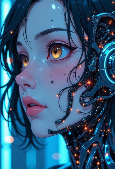 A digital anime artwork in the style of cklg, studio anime art, detailed ink sketch, high quality digital illustration. A striking close-up of a cybernetic female's face, captured at the moment of being reconstructed by a swarm of tiny, spider-like bots. Her features are partially formed, with smooth, metallic surfaces intertwining with glowing synthetic skin, exuding a radiant blue and silver glow. The bots are scattered across her face, their articulated legs weaving intricate patterns of wires and nanofiber as they delicately shape her visage. One side of her face gleams with seamless perfection, while the other appears raw and incomplete, with luminous circuits and delicate filigree exposed. The background is a blurred symphony of glowing holograms and shifting light, suggesting a futuristic laboratory environment. The image combines mechanical precision with haunting beauty, emphasizing the ethereal moment of transformation and creation.