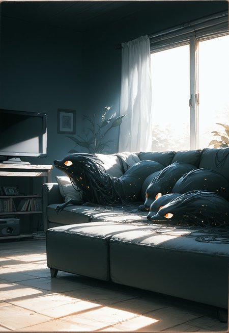Expressiveh, traditional media, warm light style, ng_deepnegative_v1_64t, score_9, score_8_up, score_7_up, extremely detailed, dark and moody lighting, 1 girl, shadow creature, living room, high quality, dark lighting, shadows, tv, from side, through tv
