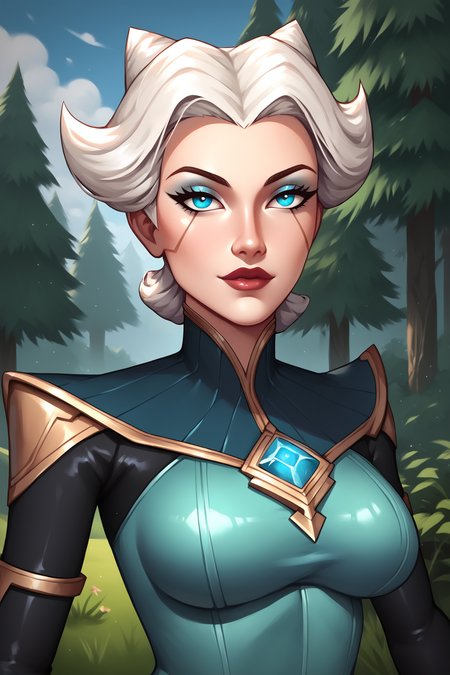 score_9, score_8_up, score_7_up, score_6_up, BREAK, CarmilleLoLPXL, blue eyes, white hair, short hair, wide hips, large breasts, blue gem, blue bodysuit, elbow gloves, black gloves, solo, front view, (portrait, upper body), solo focus, seductive smile, looking at viewer, forest, tree <lora:CarmilleLoLPXL:1>