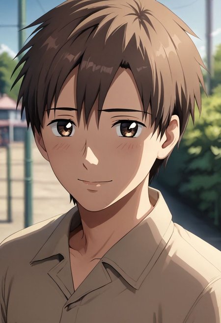 high resolution, solo, best quality, 1Boy, Takaki Toono, Brownish Hair, Brown Eyes, Looking at viewer, happiness, depth of field, half body, outdoor, OverallDetail
