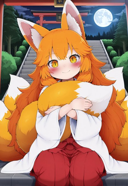 Dagashi_(Daga2626), 1girl, orange hair, long hair, big hair, fluffy hair, slit pupils, masterpiece, best quality, absurdres, cute, kawaii,
(kitsune, kyuubi, multiple tails, fox tail), fox girl, fox ears, fluffy tail,
japanese clothes, kimono, hakama skirt,
outdoors, night, moon, store stairs, torii gate, forest,
solo, sitting on stairs, cowboy shot, (hugging own tail), smile,
intricate, highly detailed, majestic